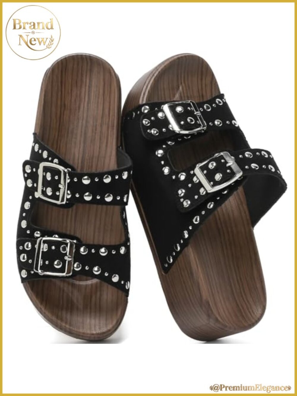 Women's Genuine Leather Platform Sandals Double Buckle Slides